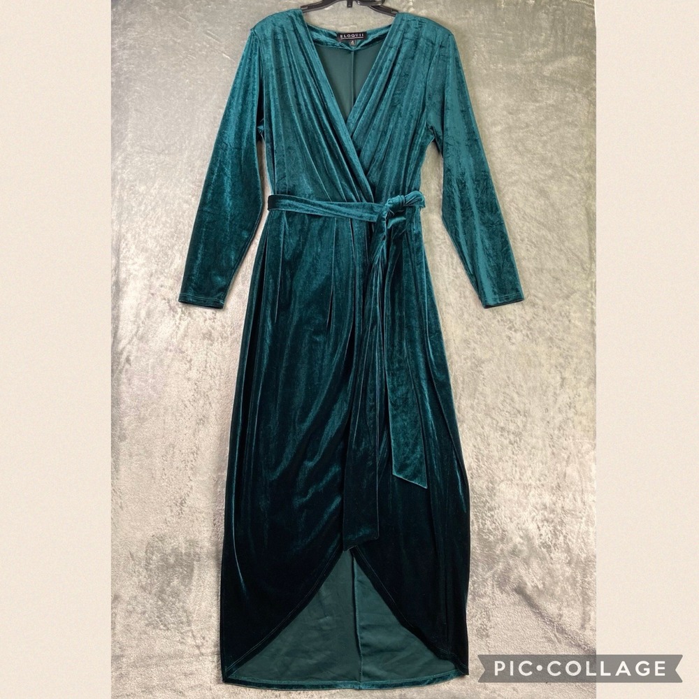 Eloquii Dress Womens Sz 16 Teal Green Velvet Wrap Tie Waist Stretch High Low L/S